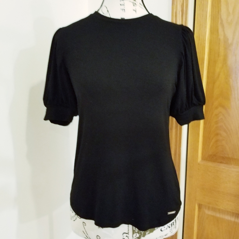 Tahari Black Short Puff Sleeve Viscose Blend Shirt Top XS Minimalist Capsule